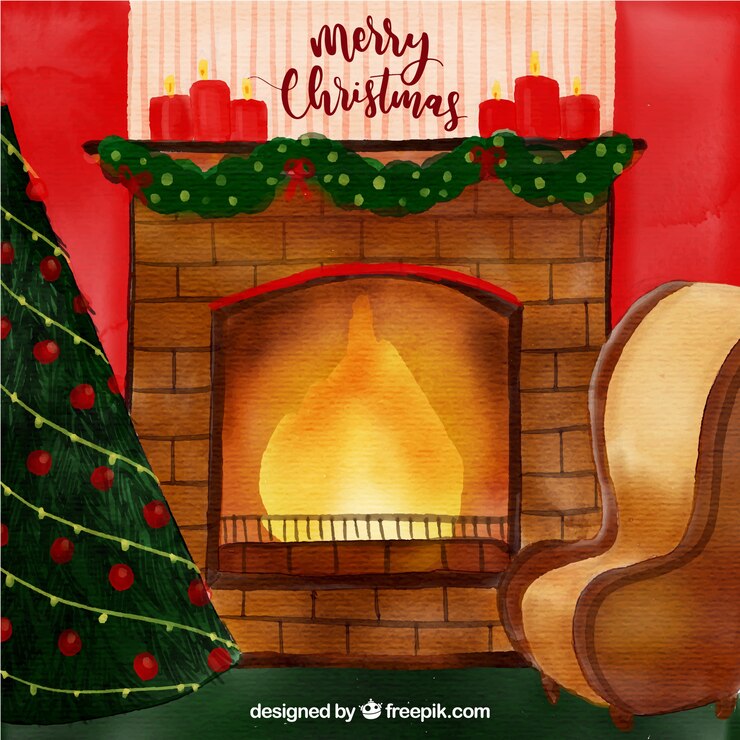 Free Vector cute christmas scene background with fireplace