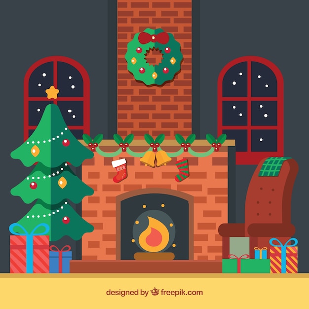 Cute christmas scene background with fireplace