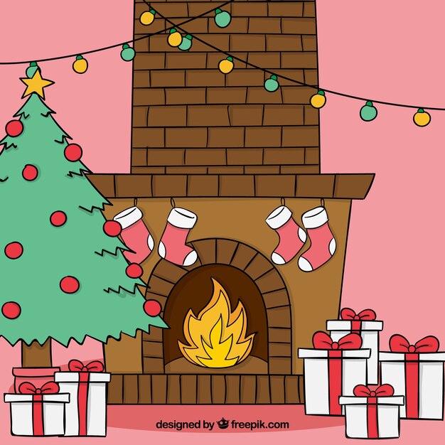 Cute christmas scene background with fireplace