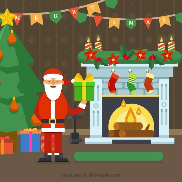 Free vector cute christmas scene background with fireplace