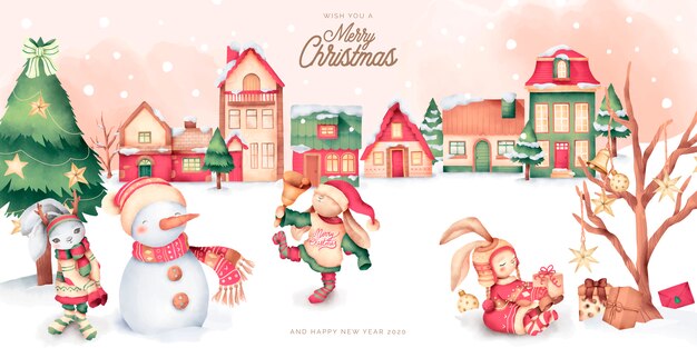 Cute Christmas Scene with Winter Town and Characters