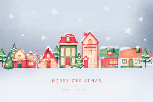 Cute Christmas Town Card in Watercolor Style