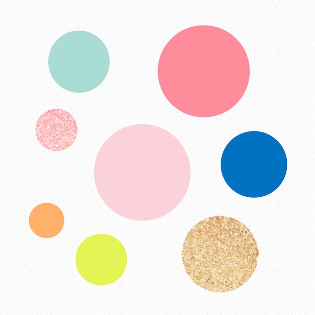 귀여운 원형 모양 스티커, 다채로운 파스텔 반짝이, 기하학적 클립 아트 벡터 세트