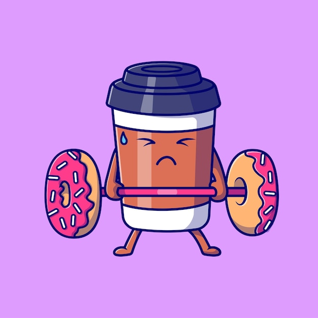 Free vector cute coffee cup lifting donut barbell cartoon vector icon illustration. food sport icon isolated