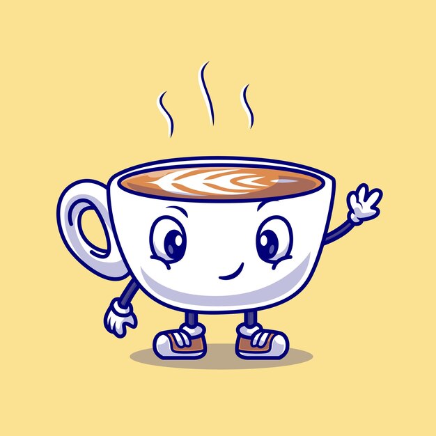 かわいいコーヒー カップ手を振って漫画ベクトル アイコン イラスト。ドリンク オブジェクト アイコン コンセプト分離