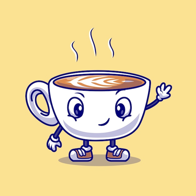 귀여운 커피 컵 흔들며 손 만화 벡터 아이콘 그림입니다. 음료 개체 아이콘 개념 절연