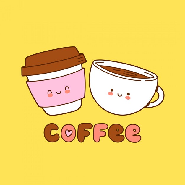 かわいい幸せなコーヒーの紙コップ 漫画のキャラクター プレミアムベクター