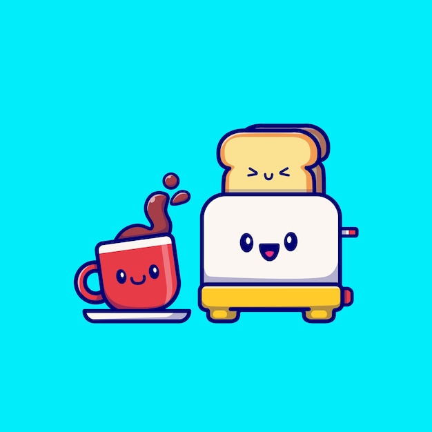 Free vector cute coffee with toaster bread cartoon vector  illustration. breakfast food  concept isolated  vector. flat cartoon style