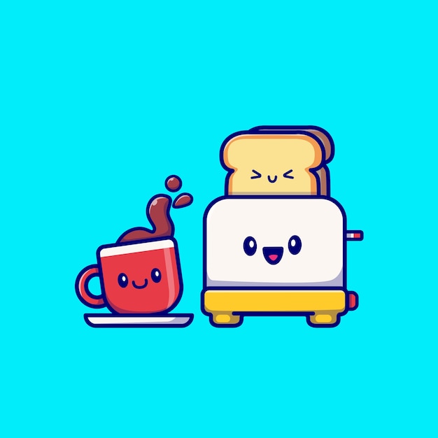 Милый кофе с тостером хлеб мультфильм векторные иллюстрации. Концепция питания завтрак изолированных вектор. Плоский мультяшном стиле