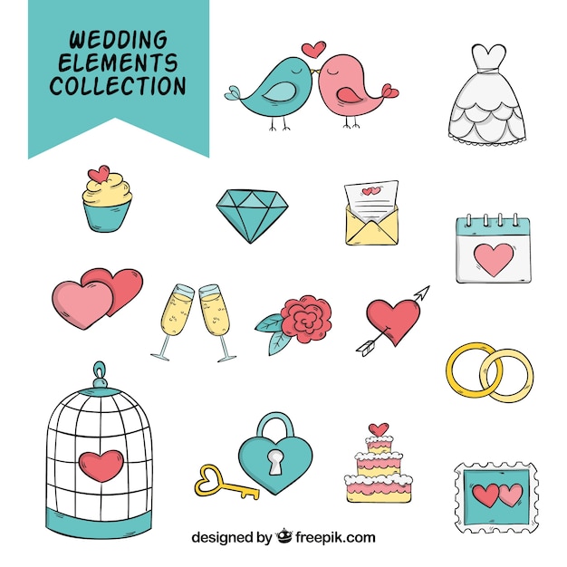 Cute collection with hand drawn wedding elements