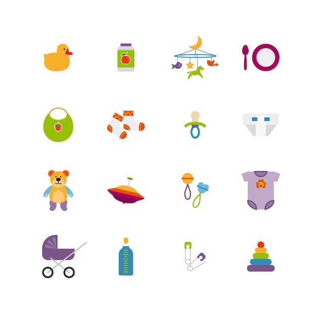 Cute color baby icons set. Toy and childhood, stroller and duck, vector illustration