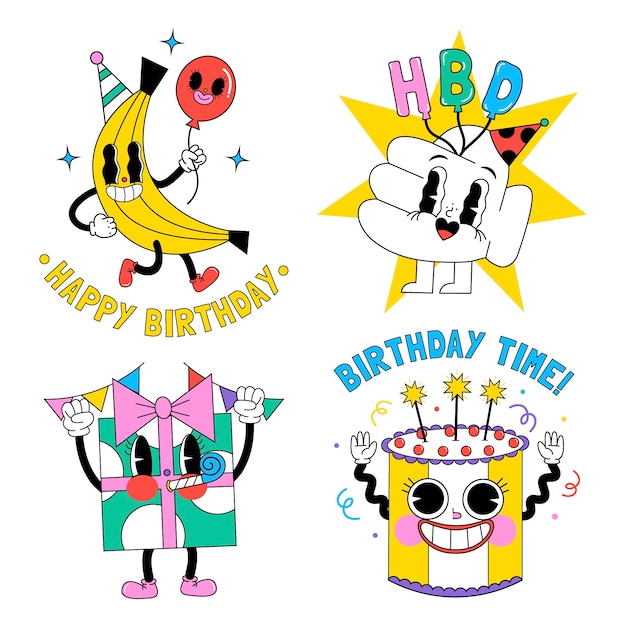 Free vector cute colorful birthday sticker pack