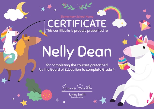 Cute colorful certificate template  in unicorn design for kids