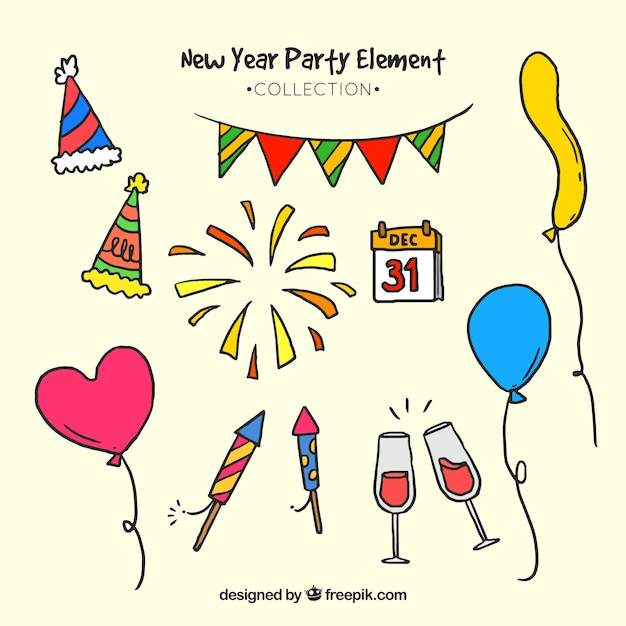 Cute and colorful hand drawn new year party element collection 