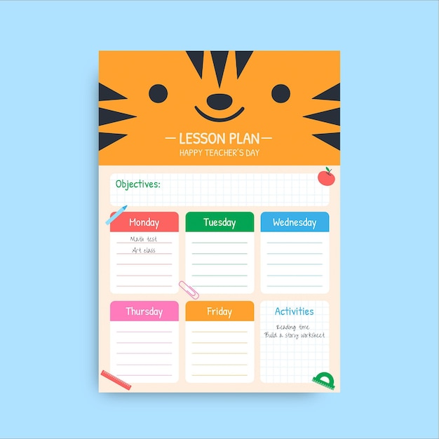 Free vector cute colorful teacher's day school lesson plan