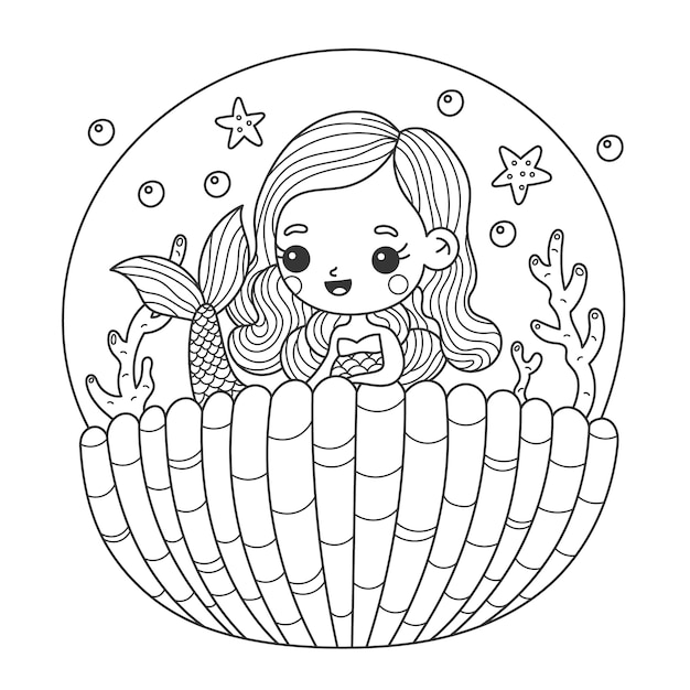 Free vector cute coloring book with mermaid