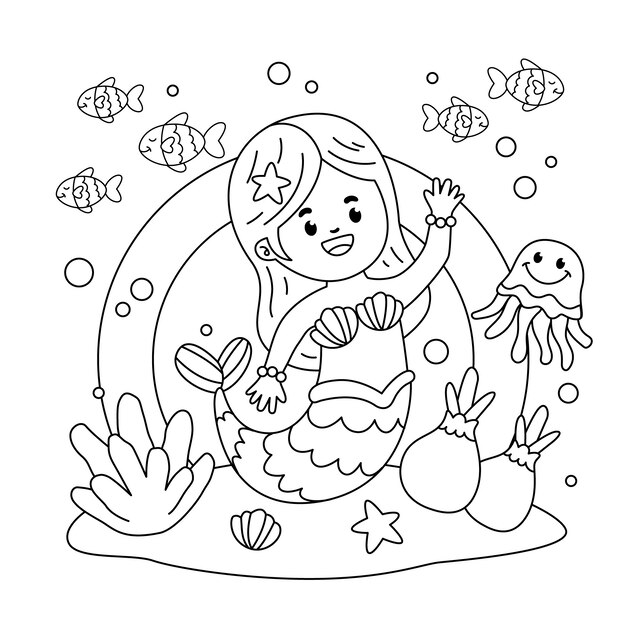 人魚のかわいい塗り絵