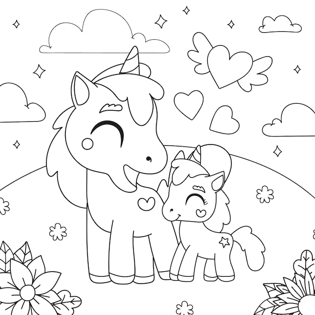 Free vector cute coloring book with unicorn