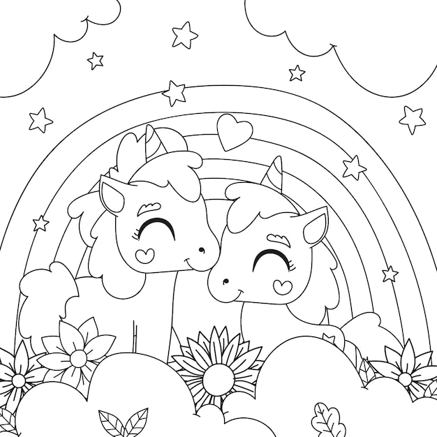 Free vector cute coloring book with unicorn