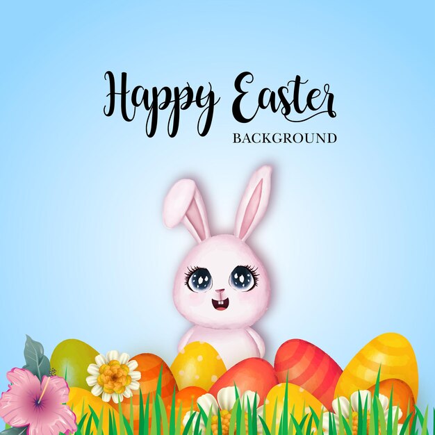 Cute Colourful Happy Easter Sale Poster Banner Blue Yellow Background with Eggs Free Vector