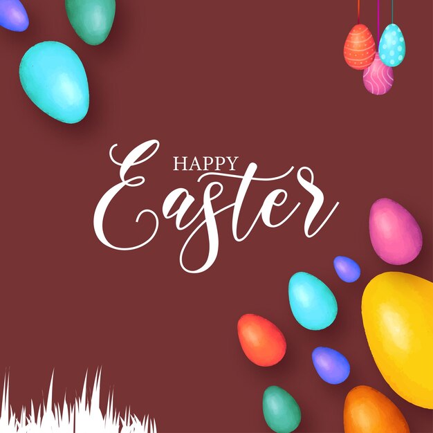 Cute Colourful Happy Easter Sale Poster Banner Brown Blue Background with Eggs Free Vector