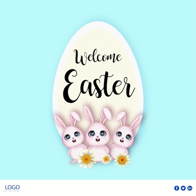Cute Colourful Happy Easter Sale Poster Banner Light Blue Pink Background with Eggs Free Vector