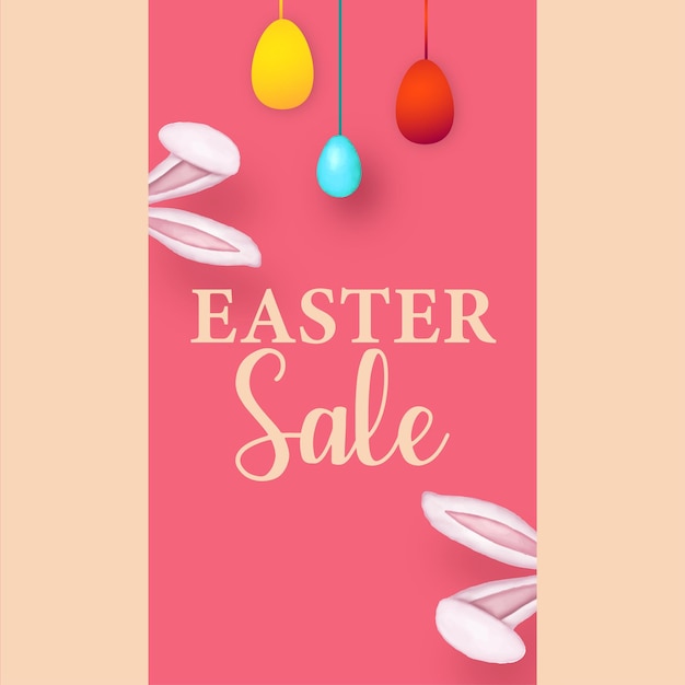 Cute colourful happy easter sale poster banner pink beige background with eggs free vector