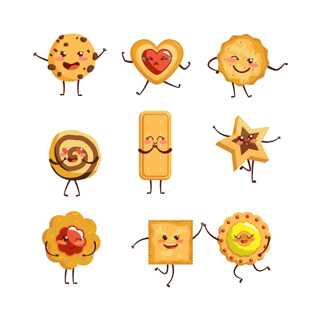 Free vector cute cookie cartoon characters illustrations set