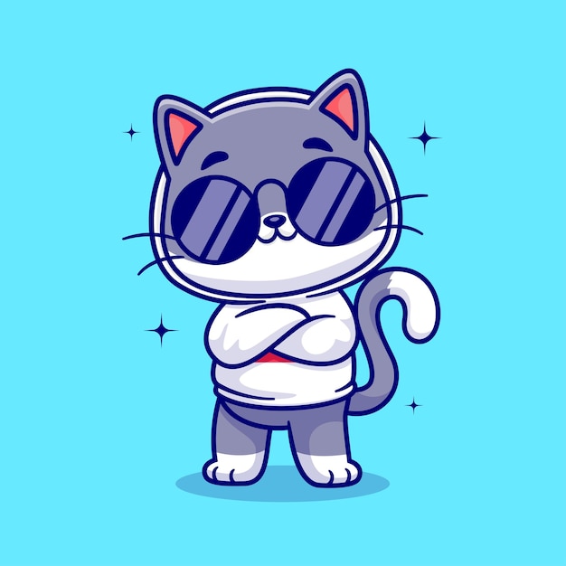 Cute Cool Cat Wearing Eyeglasses And Hoodie Cartoon Vector Icon Illustration. Animal Fashion Icon Concept Isolated Premium Vector. Flat Cartoon Style