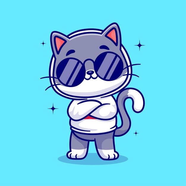 Cute Cool Cat Wearing Eyeglasses And Hoodie Cartoon Vector Icon Illustration. Animal Fashion Icon Concept Isolated Premium Vector. Flat Cartoon Style