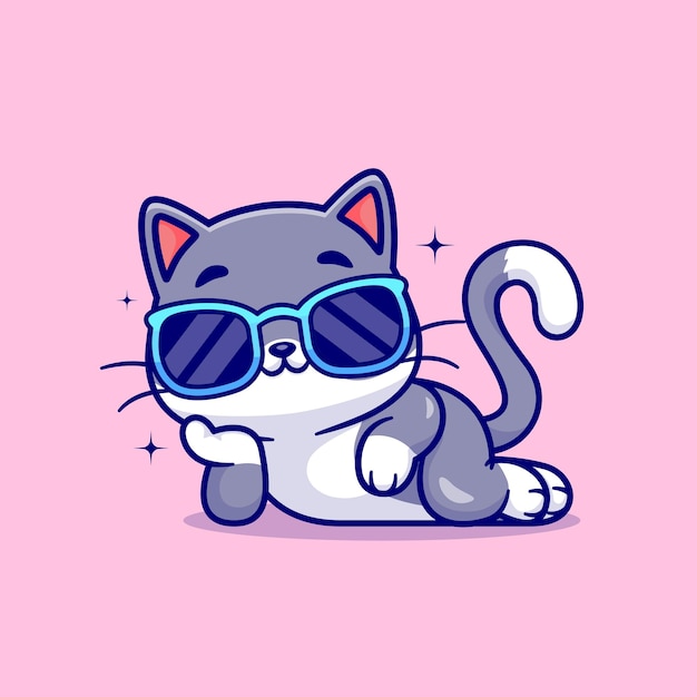 Cute Cool Cat Wearing Glasses Cartoon Vector Icon Illustration Animal Nature Icon Concept Isolated
