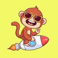 Бесплатное векторное изображение Милая крутая обезьяна едет на ракете с рукой мира мультфильм вектор икона иллюстрация наука о животных плоская