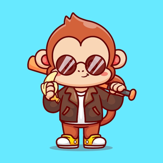 Free vector cute cool monkey with baseball bat with jacket and banana cartoon vector icon illustration animal