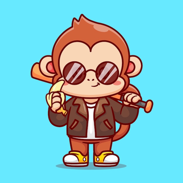 Симпатичная крутая обезьяна с бейсбольной битой с курткой и банановой векторной иконкой Иллюстрация животного