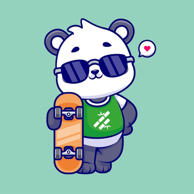 Cute Cool Panda Playing Skateboard Cartoon Vector Icon Illustration Animal Sport Icon Isolated Flat