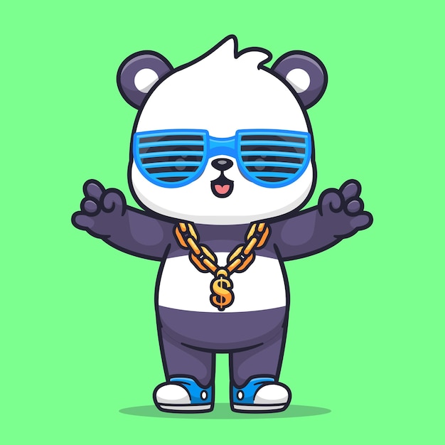 Cute Cool Panda Wearing Gold Chain And Glasses Cartoon Vector Icon Illustration Animal Fashion Icon