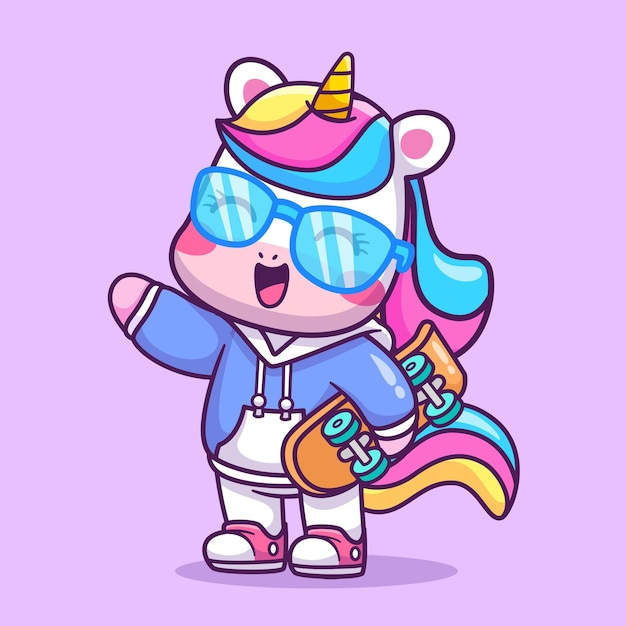 Free vector cute cool unicorn holding skateboard cartoon vector icon illustration animal sports icon isolated