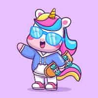 Free vector cute cool unicorn holding skateboard cartoon vector icon illustration animal sports icon isolated