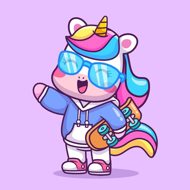 Cute Cool Unicorn Holding Skateboard Cartoon Vector Icon Illustration Animal Sports Icon Isolated