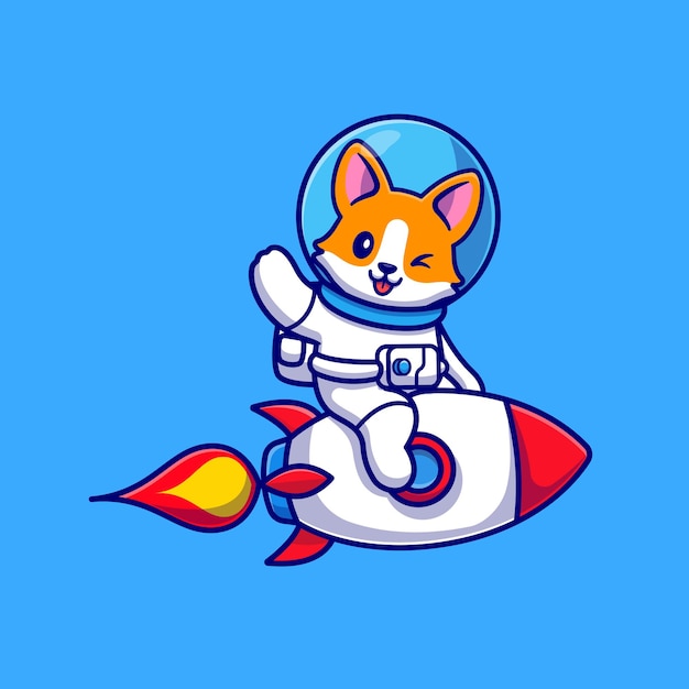귀여운 Corgi 개 우주 비행사 타고 로켓과 손을 흔들며 만화 벡터 아이콘 그림. 동물 기술 아이콘 개념 절연 프리미엄 벡터입니다. 플랫 만화 스타일