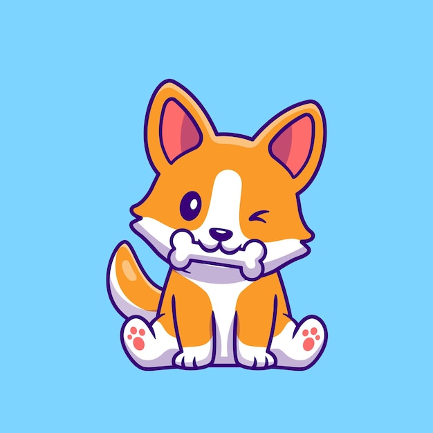 무료 벡터 뼈 만화를 먹는 귀여운 corgi 개