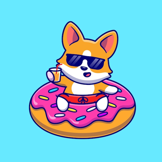 Cute Corgi Dog Floating With Doughnut Swimming Tires Cartoon Vector Icon Illustration. Animal Holiday Icon Concept Isolated Premium Vector. Flat Cartoon Style