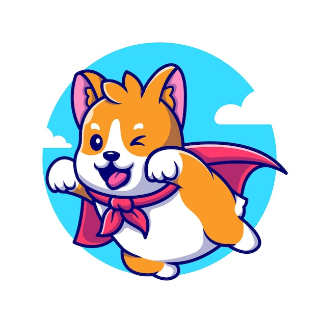 Cute Corgi Dog Hero Flying Cartoon Icon Illustration.