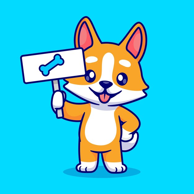 Cute Corgi Dog Holding Bone Board Cartoon Vector Icon Illustration Animal Nature Icon Isolated