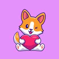 Vettore gratuito simpatico cartone animato di cuore della holding del cane corgi