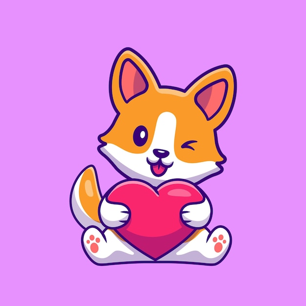 심장 만화를 들고 귀여운 Corgi 개