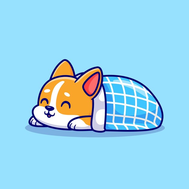 Cute Corgi Dog Sleeping With Blanket Cartoon Vector Icon Illustration. Animal Nature Icon Concept Isolated Premium Vector. Flat Cartoon Style