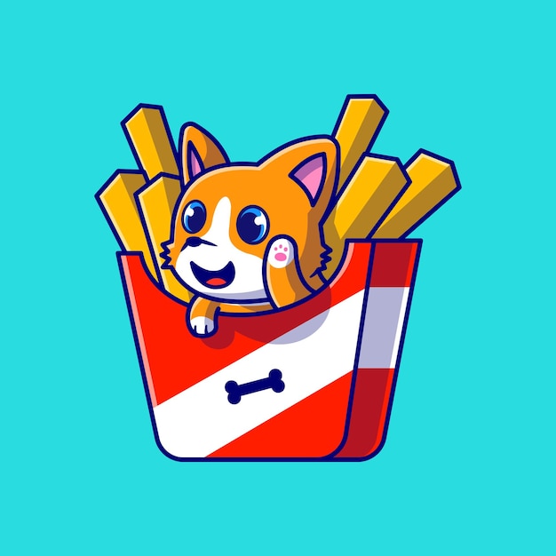 Cute Corgi Dog With French Fries Cartoon Illustration