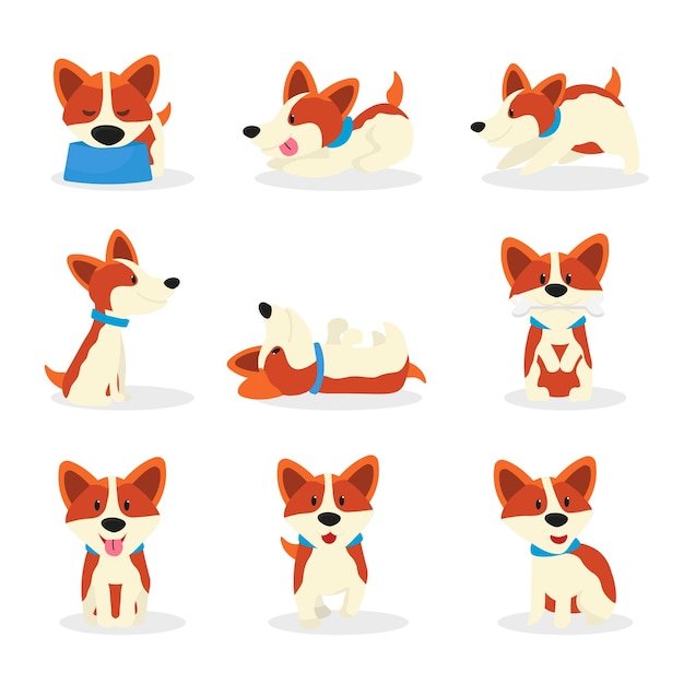 Vettore gratuito carino cani corgi cucciolo di razza giocosa in diverse pose adesivi cartoni animati patch set animale domestico mangiare dormire giocando