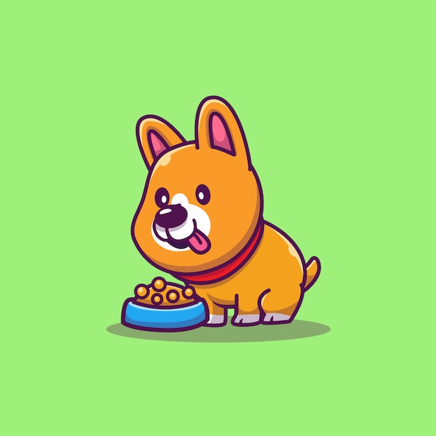 かわいいコーギーがドッグフード漫画アイコンイラストを食べる 分離された動物アイコンコンセプト フラット漫画スタイル プレミアムベクター